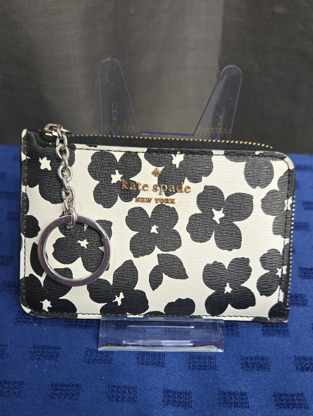 kate spade Black & White Floral Zip Key Card Holder with Key Ring